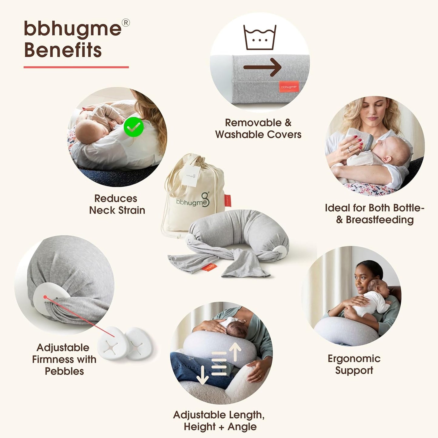 bbhugme Adjustable Nursing Pillow - Breastfeeding, Bottle Feeding, Baby Support - Adjustable Firmness and Fit - Washable Pillow Cover - Grey Melange…