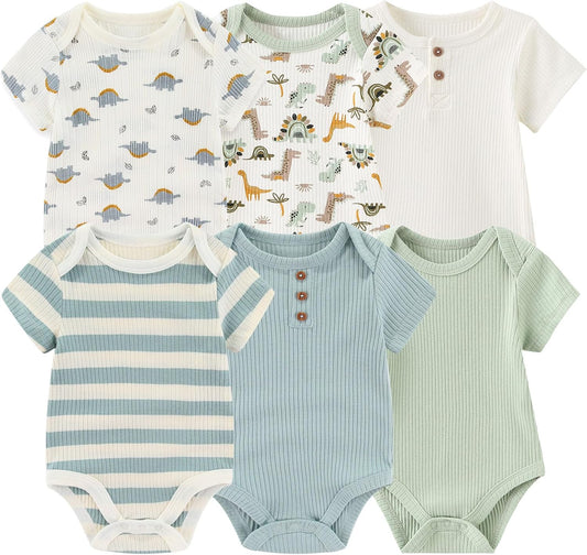 Baby Bodysuit 6 Pack Soft Mixed Ribbed Short Sleeve Romper Infant Boy Girl Clothes Set