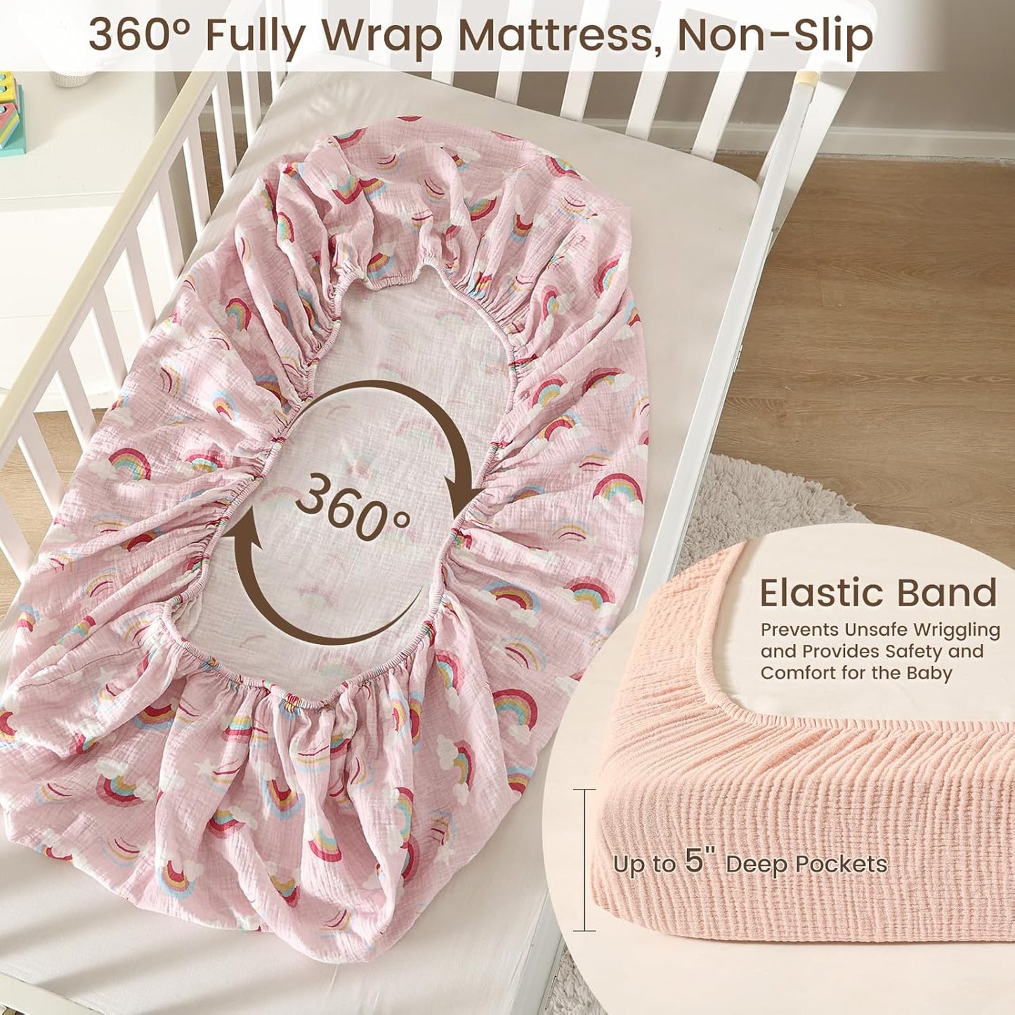 david's kids Muslin Mini Crib Sheets, 2 Pack Cotton Pack N Play Sheets for Boys Girls Neutral, Soft Breathable Baby Sheets Fit Pack N Play, Playard and Mini Crib Mattresses, Rainbow