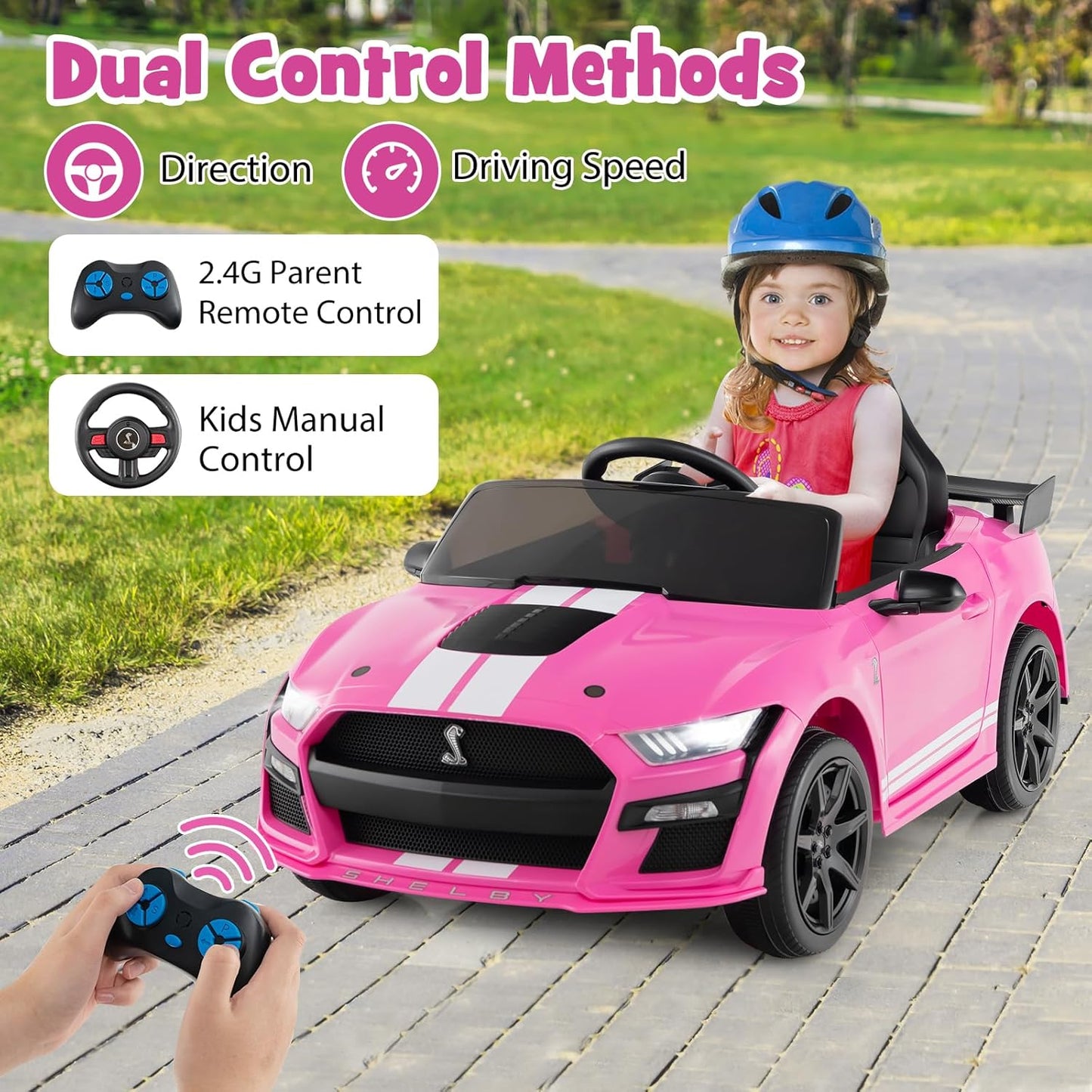 Costzon Ride on Car, 12V Licensed Ford Mustang Shelby GT500 Kids' Electric Vehicles w/Remote Control, USB Port, Radio, Music, Player, High Low Speed & Soft Start, Racing Kids Car for Toddlers (Pink)