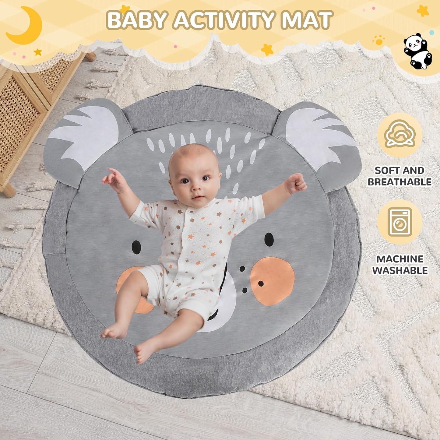 Baby Play Gym with Mat – Wooden Montessori Gym for Newborns 0-12M,Natural Pine Wood with 6 Sensory Toys,Foldable & Portable (Koala)