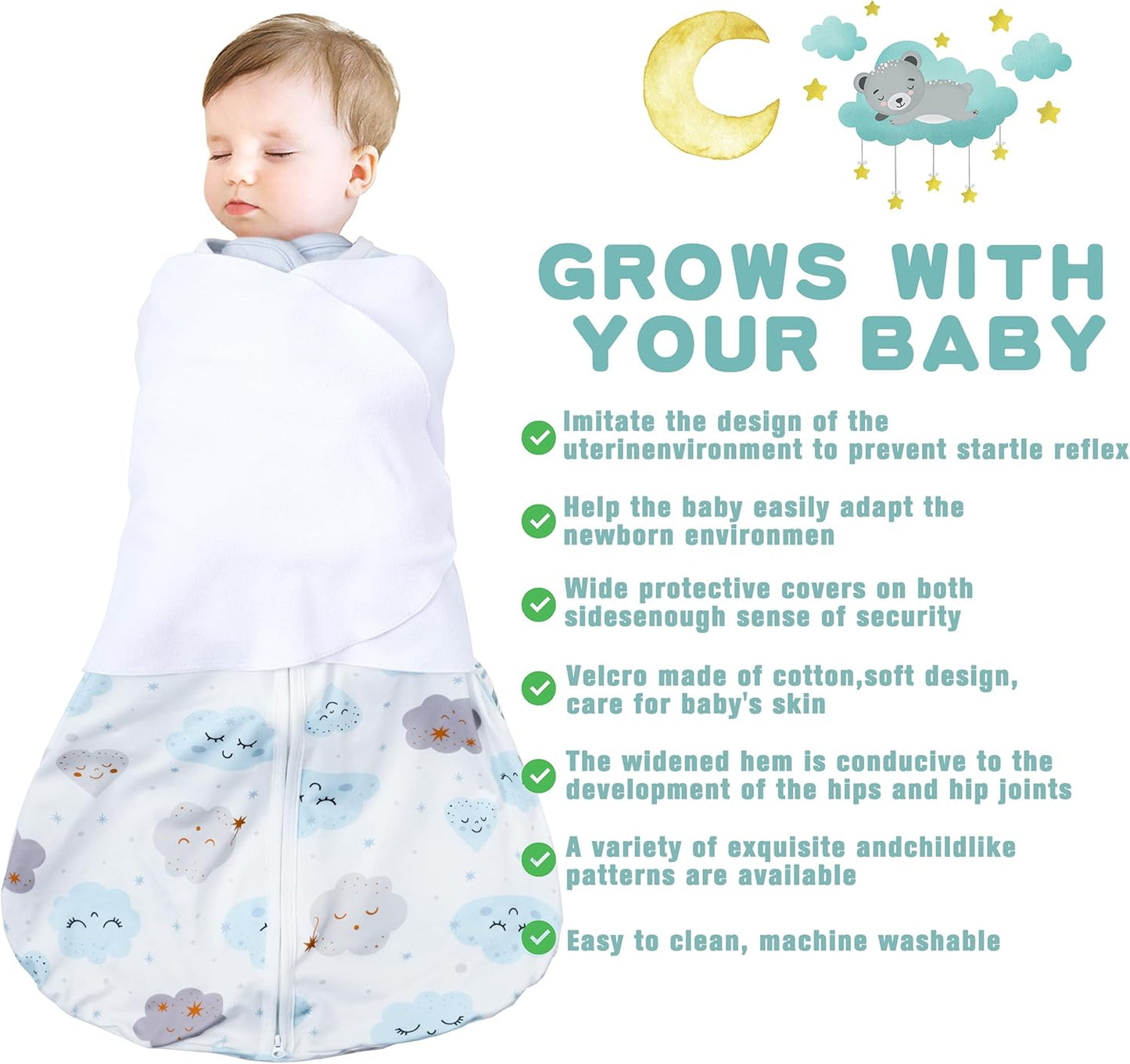 Newborn Sleep Sack Baby Swaddle,3-6 Months,3-Way Adjustable Wearable Blanket,100% Rayon Cotton Swaddling Sleeping Bag，TOG 0.5（Clouds&Starry Sky）
