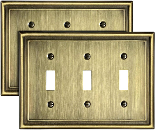Triple Toggle Wall Plates, Metal Light Switche Covers, Antique Brass, 3-Gang, 2 Pack