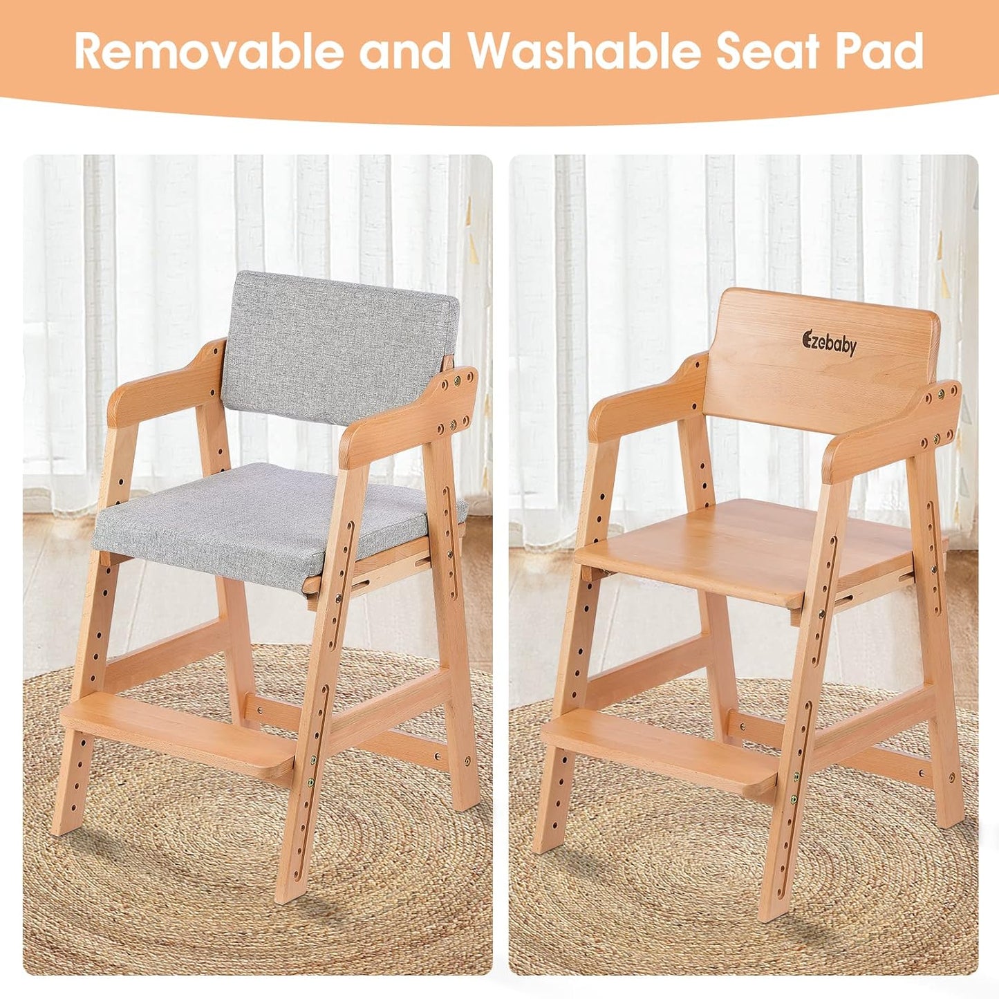 Ezebaby Wooden High Chair, Adjustable Highchair for Toddlers to Teens with Steps, Kids Dining Chair, Study Chair with Removable Cushion (Natural Color)