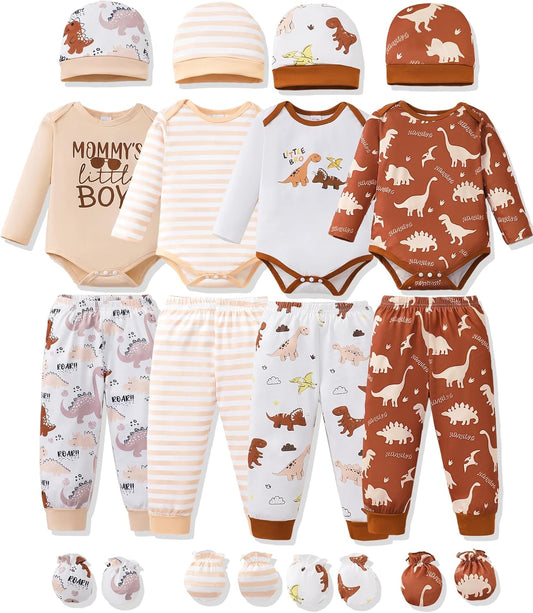 NZRVAWS Newborn Baby Boy Girl Clothes Unisex Infant Romper Pants Set Hat 4-Pack Outfits 0-12 Months 16 Pieces Toddler