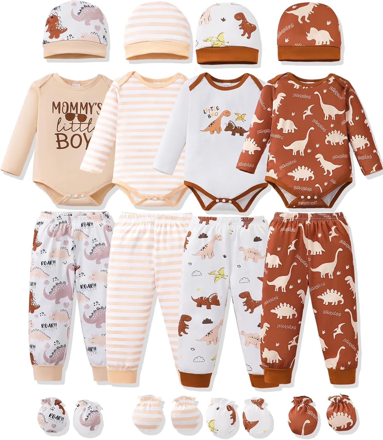 NZRVAWS Newborn Baby Boy Girl Clothes Unisex Infant Romper Pants Set Hat 4-Pack Outfits 0-12 Months 16 Pieces Toddler
