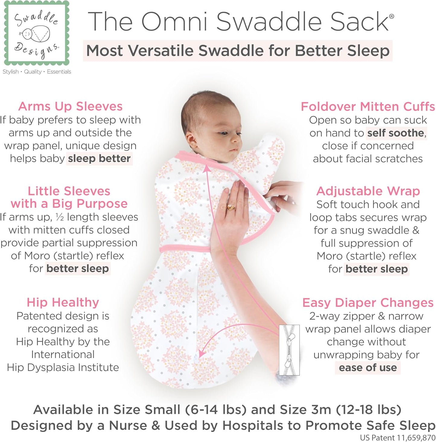 SwaddleDesigns 6-Way Omni Swaddle Sack Arms Up Swaddle for Newborn, More Options to Calm Startle Reflex, Improves Sleep