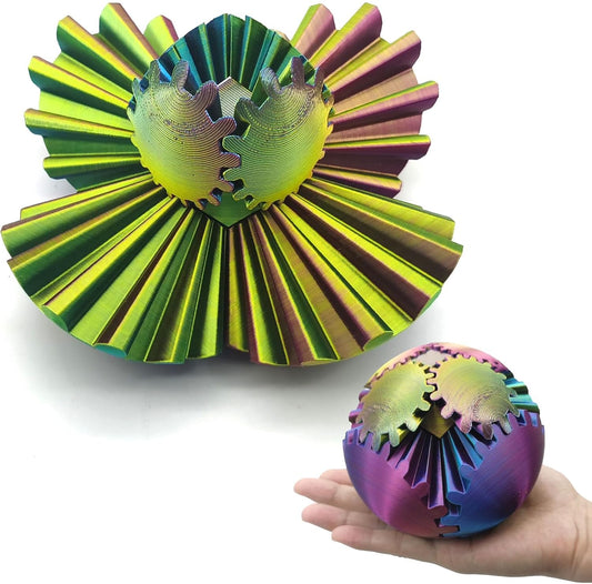 3D Printed Gear Ball Spin Ball, 4inch Large Gear Ball Fidget Toy, Gear Sphere Cube Puzzle, Gearball Fidget Desk Toy, Gearsphere Steampunk Whirling Wonder Fidget Stress Ball (Red Blue Green)