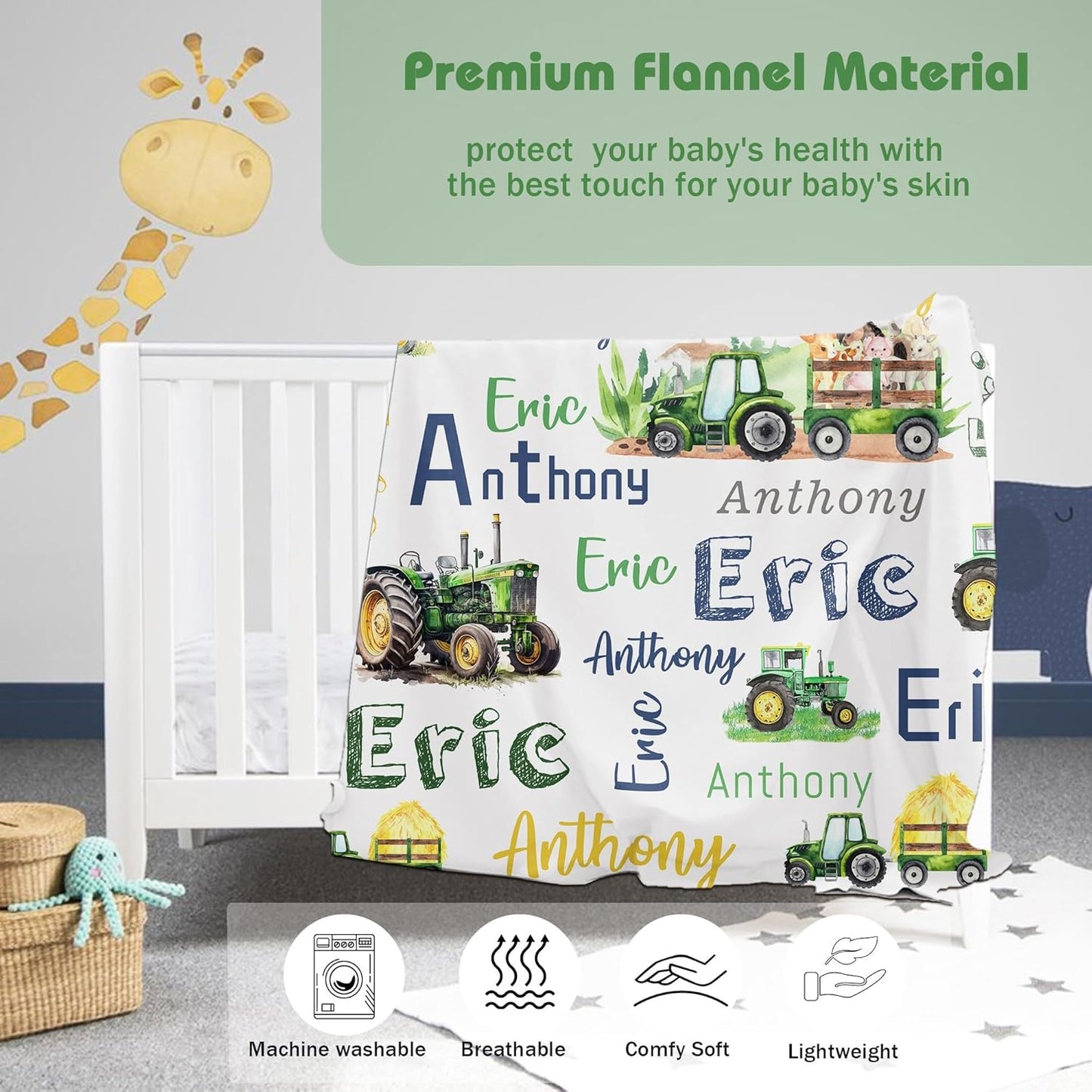 Personalized Blanket for Boy Newborn Custom Tractor Baby Blanket with Name Customized Gift for Baby Shower Christmas Birthday Gifts