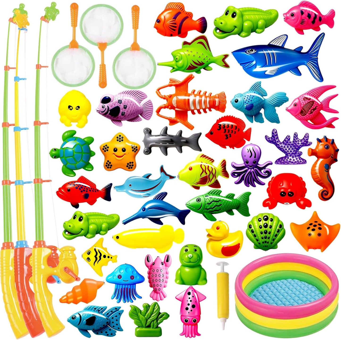 CozyBomB™ Magnetic Fishing Toys Game Set for Kids | Water Table Bathtub Kiddie Pool Party & Pole Rod Net, Plastic Floating Fish Toddler Color Ocean Sea Animals Birthday Age 3 4 5 6 Year