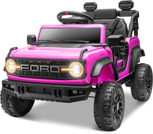 ENYOPRO 12V Ford Bronco Raptor Ride On Car for Kids, Electric Power Car Ride-On Toy for Toddlers w/Remote Control, 4 Wheels Spring Suspension, Bluetooth Music, Radio, LED Lights, 2 Speed (Pink)