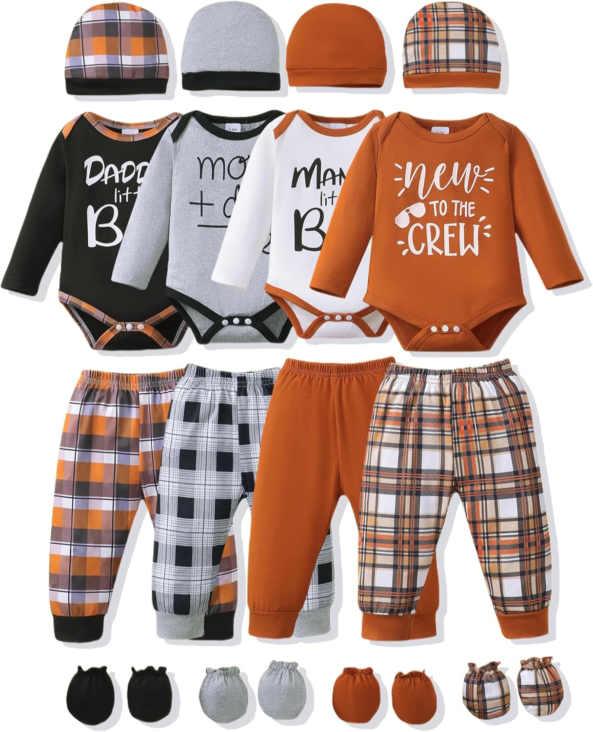 NZRVAWS Newborn Baby Boy Girl Clothes Unisex Infant Romper Pants Set Hat 4-Pack Outfits 0-12 Months 16 Pieces Toddler