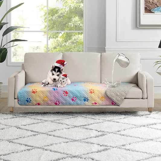 Waterproof Dog Bed Cover 30x70 inch Reversible Pad Reusable Camping Mat for Kids/Pet/Dog/Cat Washable Geometric Embroidery Blanket Patchwork Rainbow Dog Paw Printed+Gray