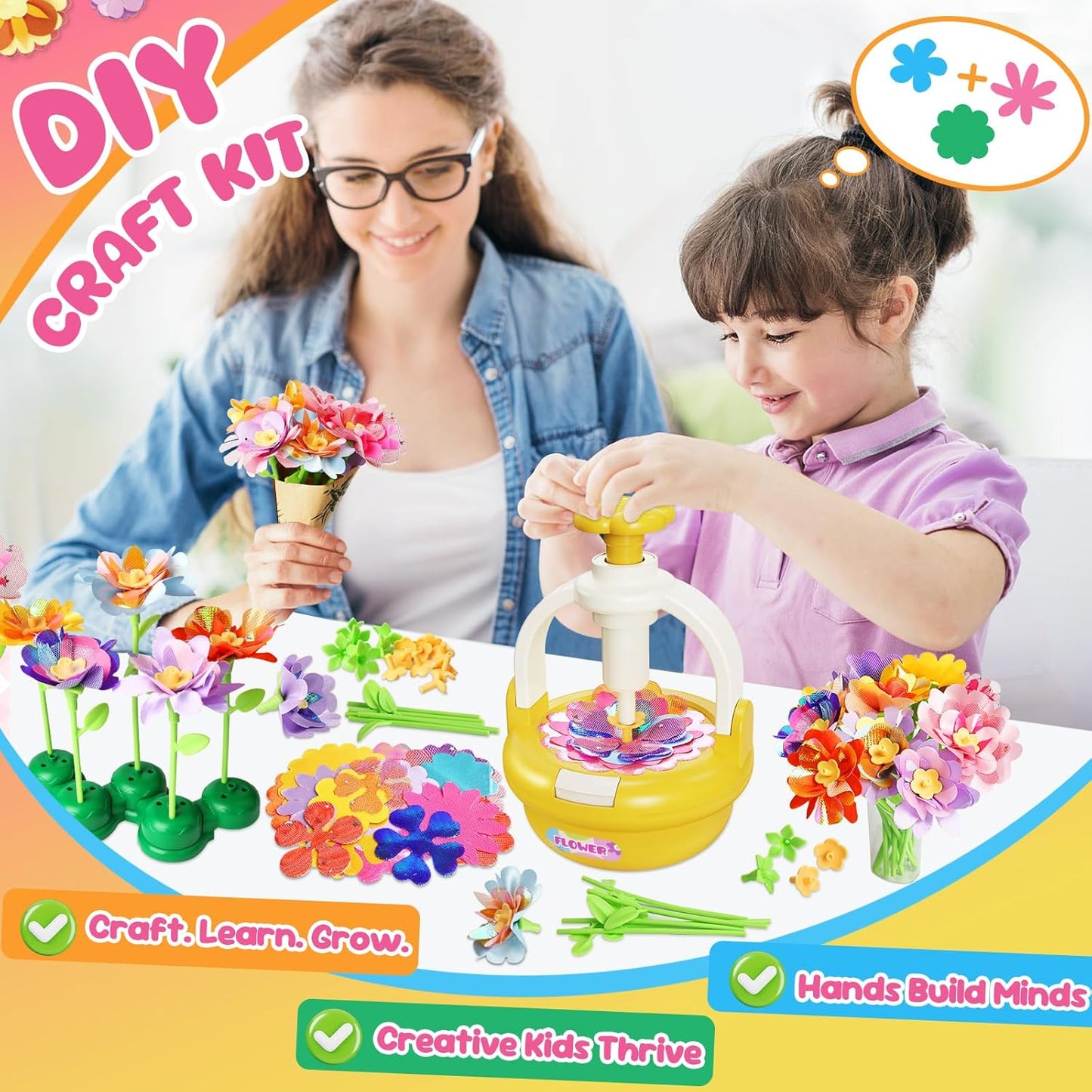 Fabric Flower Bouquets Toys, DIY Flower Making Kit for Kids 4 5 6 7 8 9 10 11 12 Year Old Girl Birthday Christmas Gift, Art and Crafts Kit Flowers Toys for Girls 4-6 6-8 8-12 Year Old (YELLOW)
