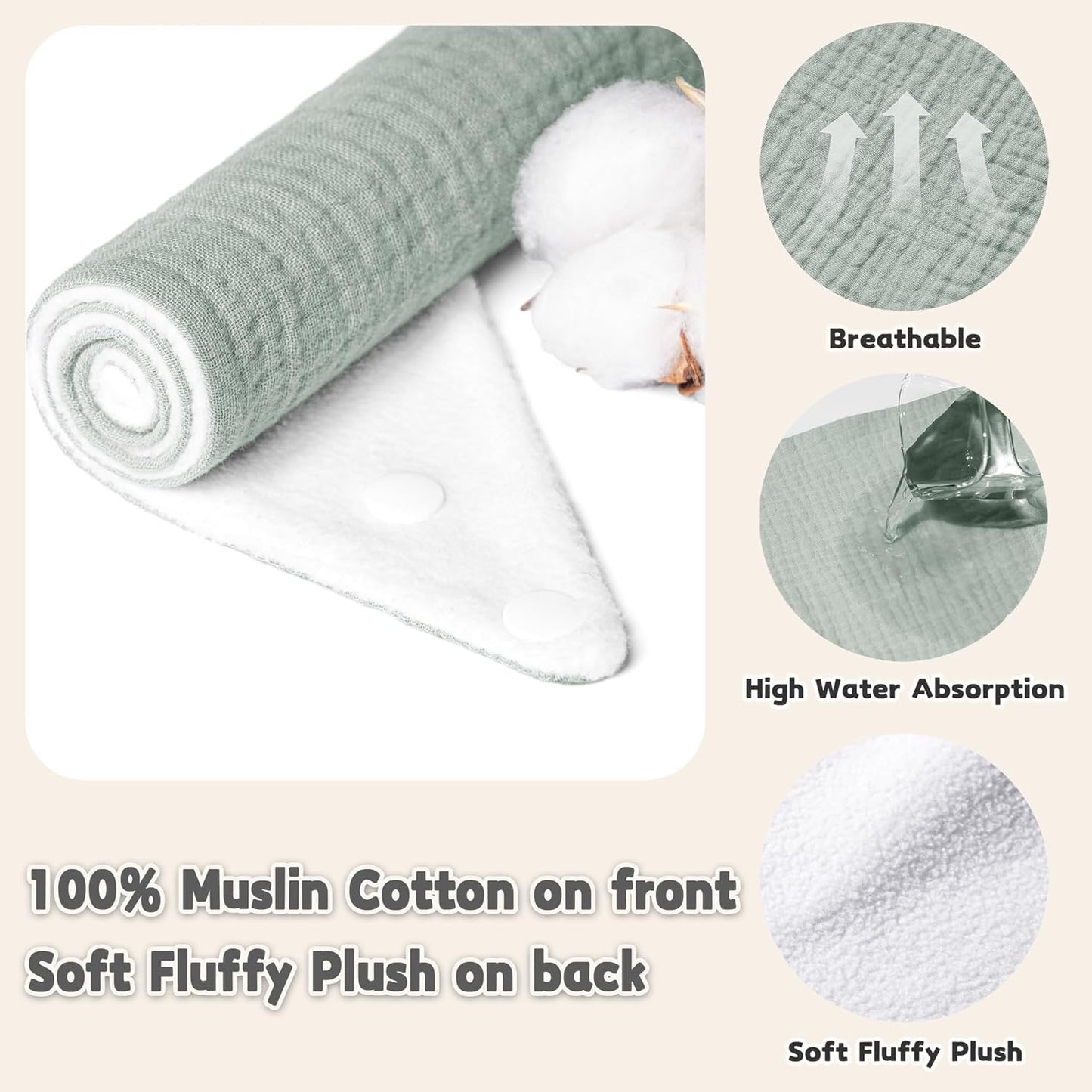 Susurration Muslin Baby Bibs 10Pack Baby Bandana Drool Bibs Soft Adjustable Newborn Bibs for Unisex Baby Girls & Boys (Greygreen)