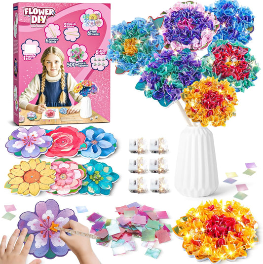 Flower Bouquet Art Craft Kit, Poke DIY Creative Activity Kit with with 6 Flowers & 6 Light Strings, Mess-Free Fun for Girls & Boys, Fun & Educational Kids Craft Gift for Girls Boys Ages 4, 5, 6, 7, 8+