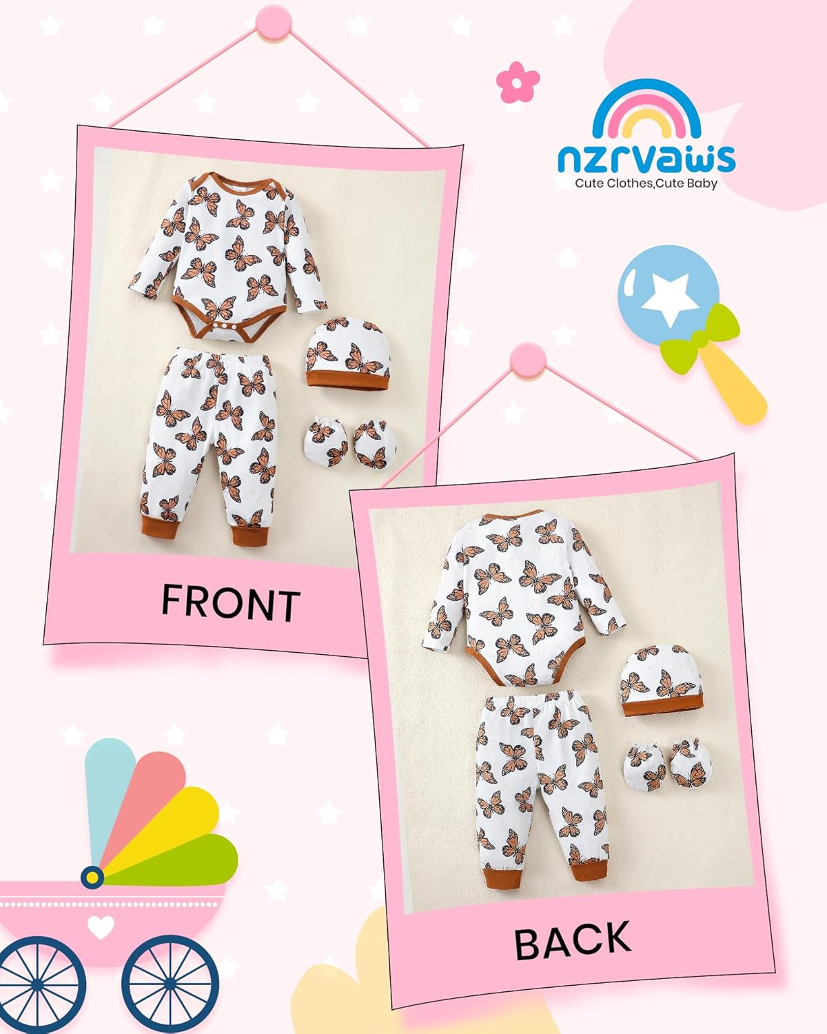 NZRVAWS Newborn Baby Boy Girl Clothes Unisex Infant Romper Pants Set Hat 4-Pack Outfits 0-12 Months 16 Pieces Toddler