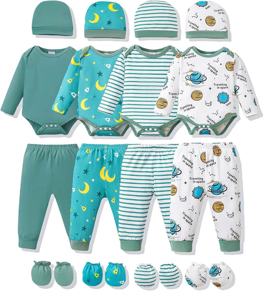 NZRVAWS Newborn Baby Boy Girl Clothes Unisex Infant Romper Pants Set Hat 4-Pack Outfits 0-12 Months 16 Pieces Toddler
