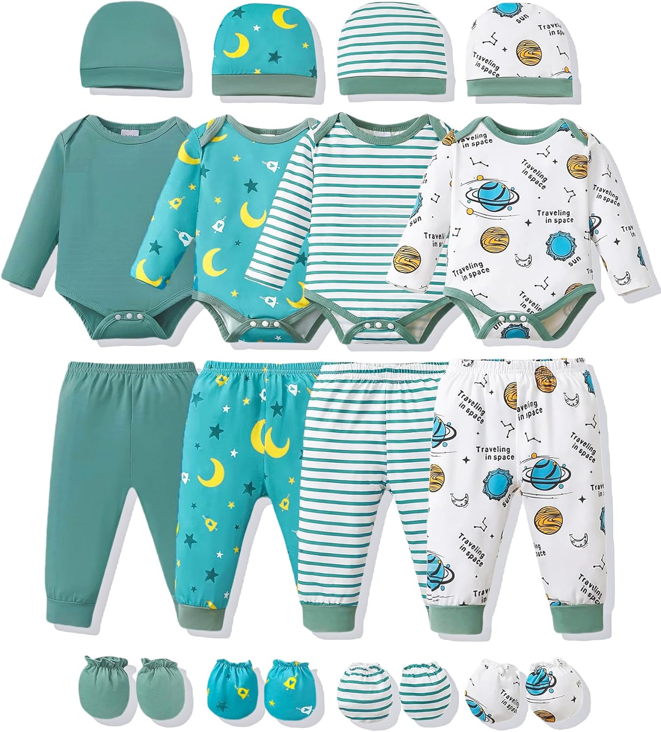 NZRVAWS Newborn Baby Boy Girl Clothes Unisex Infant Romper Pants Set Hat 4-Pack Outfits 0-12 Months 16 Pieces Toddler