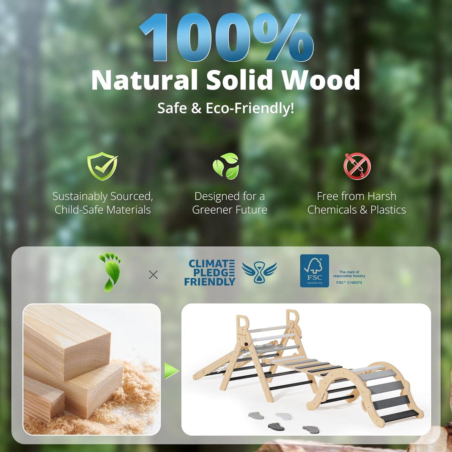 BlueWood 10-in-1 Pikler Triangle Set, Toddler Climbing Toys Indoor, Montessori Climber, Baby Jungle Gyms with Arch, Extra Rope Ladder & Footprint Balance Beam - Grey Twilight