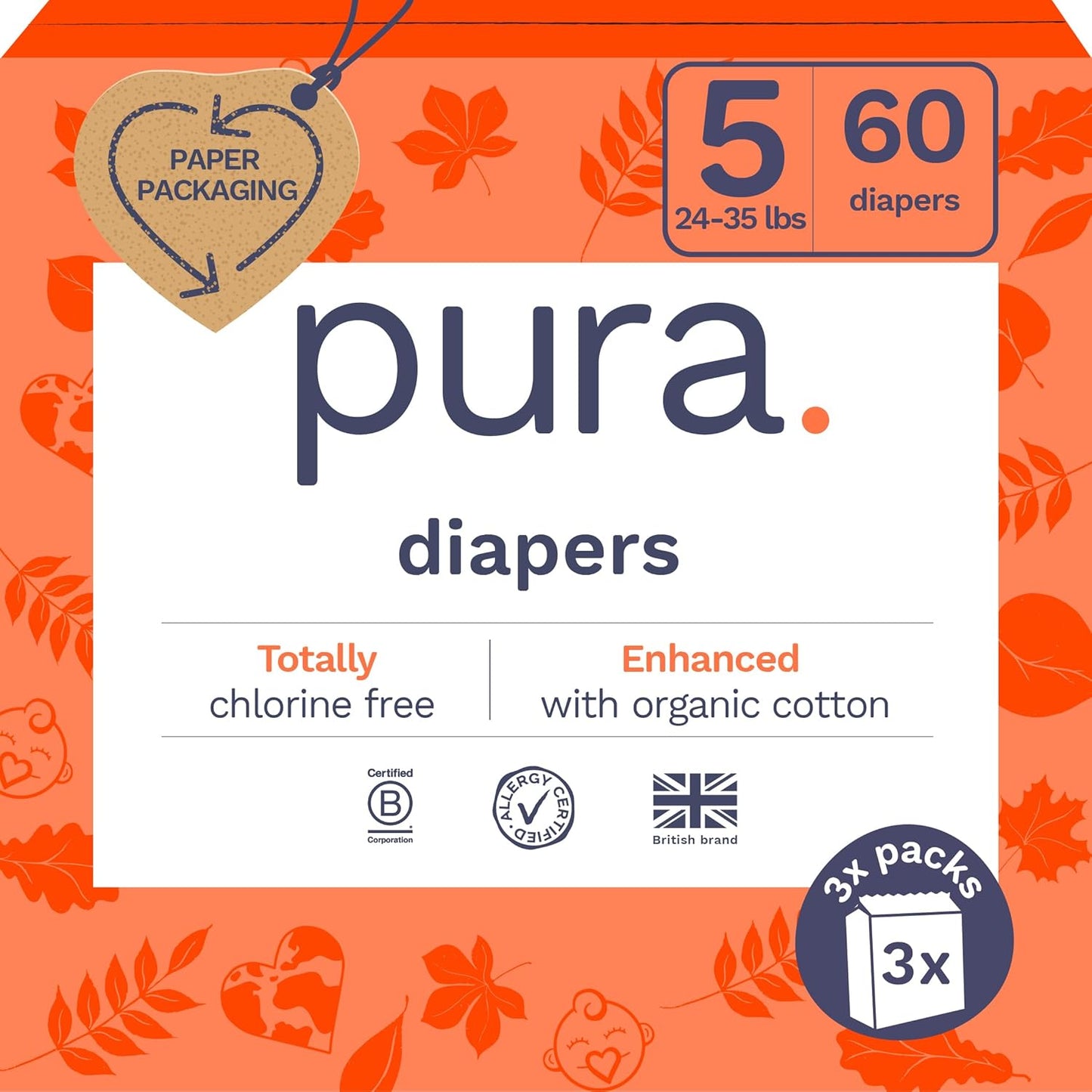 Pura Size 5 Eco-Friendly Diapers (24-35 lbs) Totally Chlorine Free (TCF) Hypoallergenic, Soft Organic Cotton, up to 12 Hours Leak Protection, Allergy UK, 3 Packs of 20 (60 Diapers)