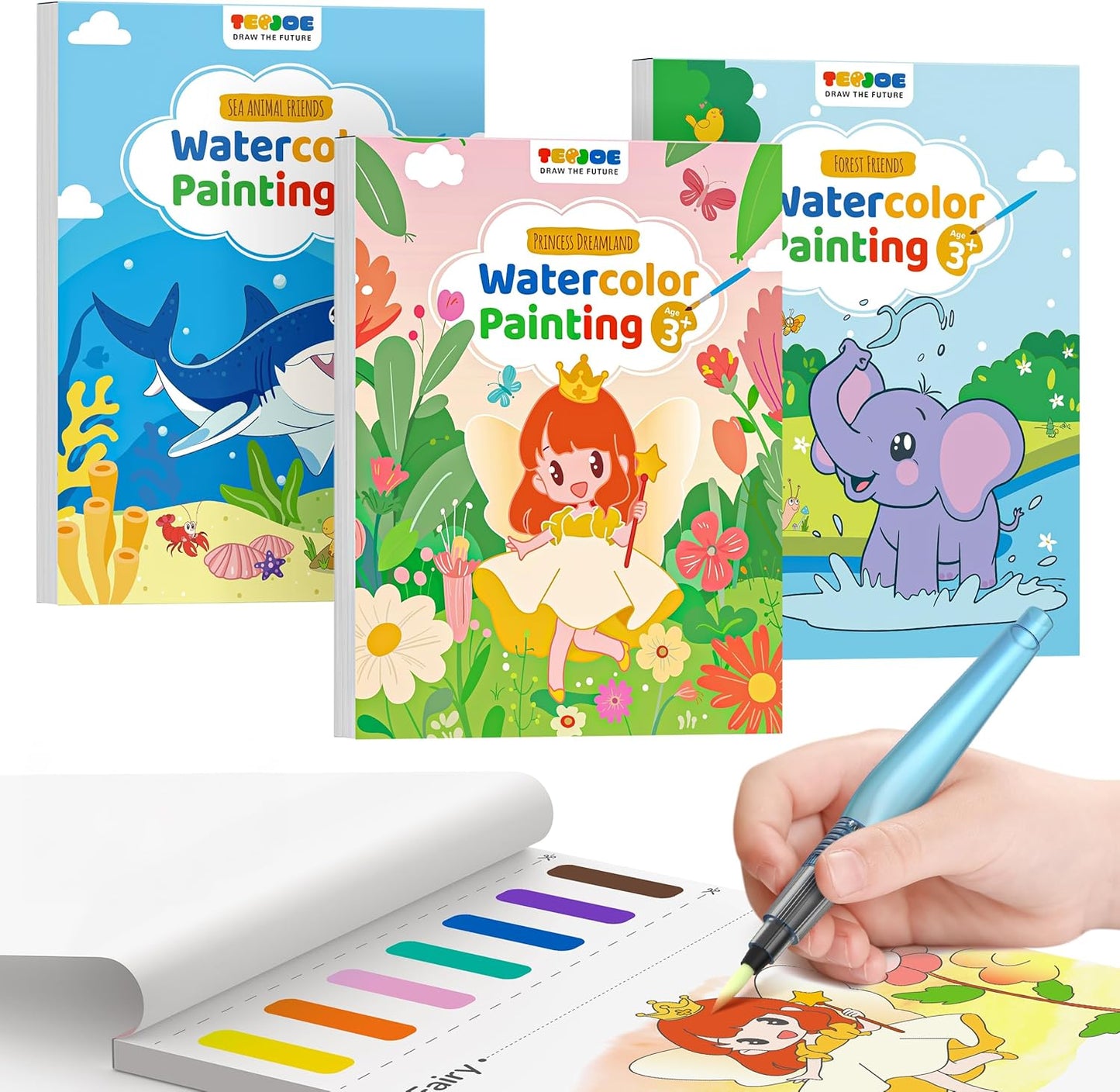 TECJOE 3 Pack Paint with Water Coloring Books for Toddlers, Watercolor Paint Set with 6 Brushes, Painting Activity for Kids Ages 4 5 6 7 8, Birthday Gifts Arts & Crafts Toy, Princess, Forest & Sea
