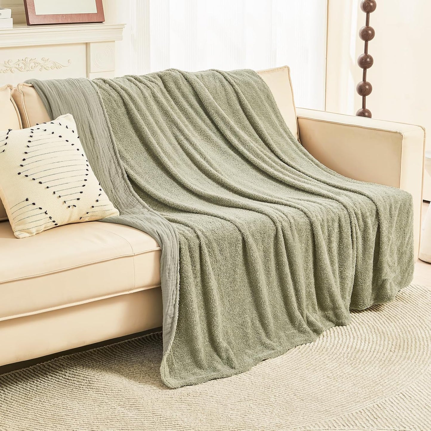 EMME Muslin and Fleece Queen Blanket Reversible - 80"*90" Sage Green Soft Warm Throw Blankets for Couch Bed Picnic Travel Bed