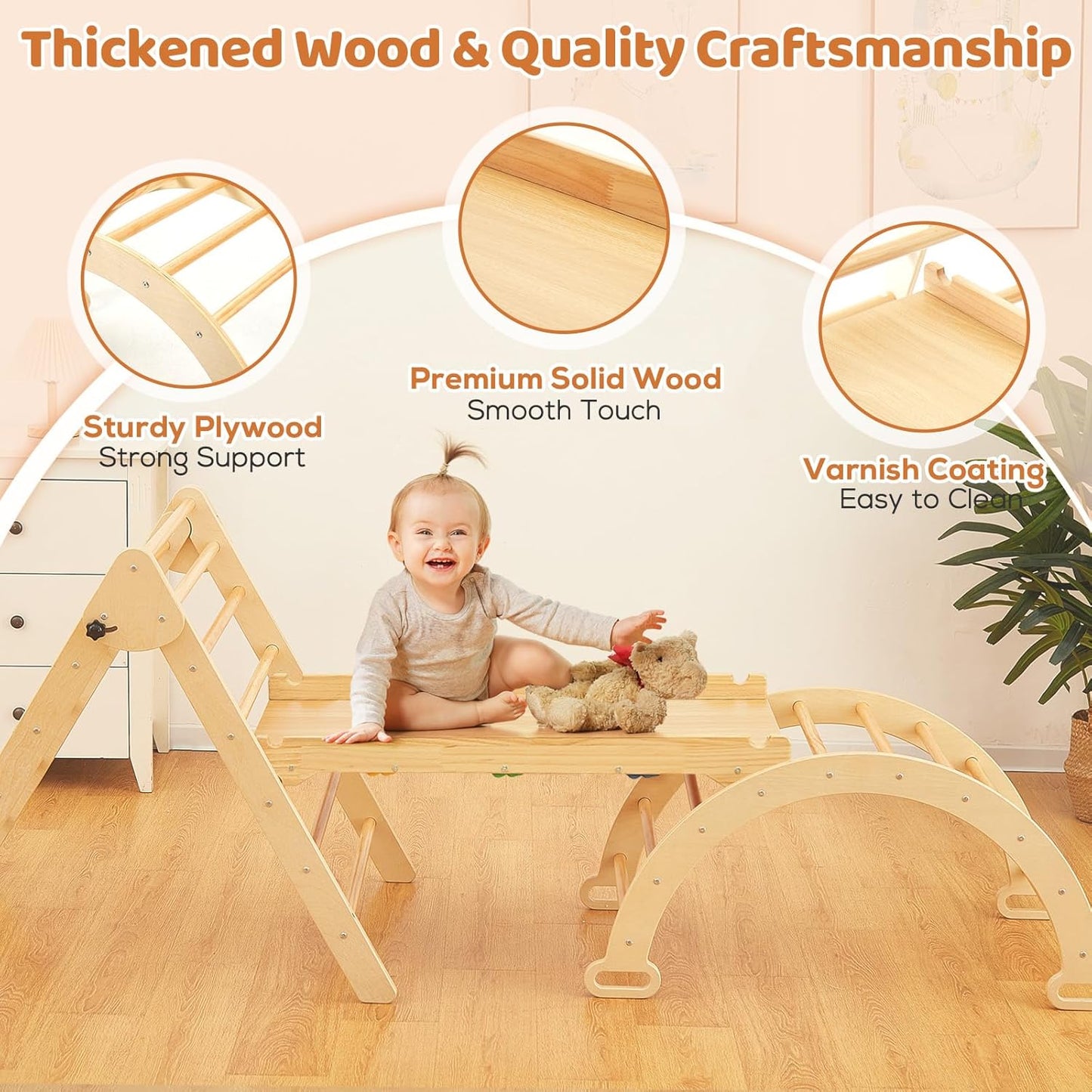 FUNLIO Foldable Pikler Triangle Set (3 Piece), Montessori Climbing Set with Solid Wood for Toddlers 2-6 yrs, Adjustable 3-in-1 Indoor Play Gym with Arch/Slide/Climbing Rock/Triangle, Easy to Install