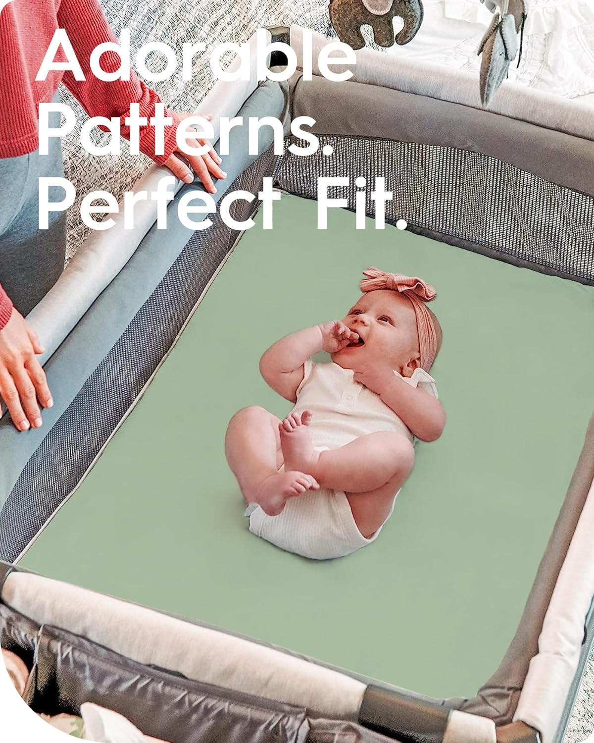 Pack N Play Sheets Fitted for Girls Boys, TotBasic Boho Mini Crib Sheets for Pack and Play/Mini Crib Mattress, Premium Soft Stretchy Jersey for Breathable Comfort - 2 Pack (Sage Green&Botanical Leaf)