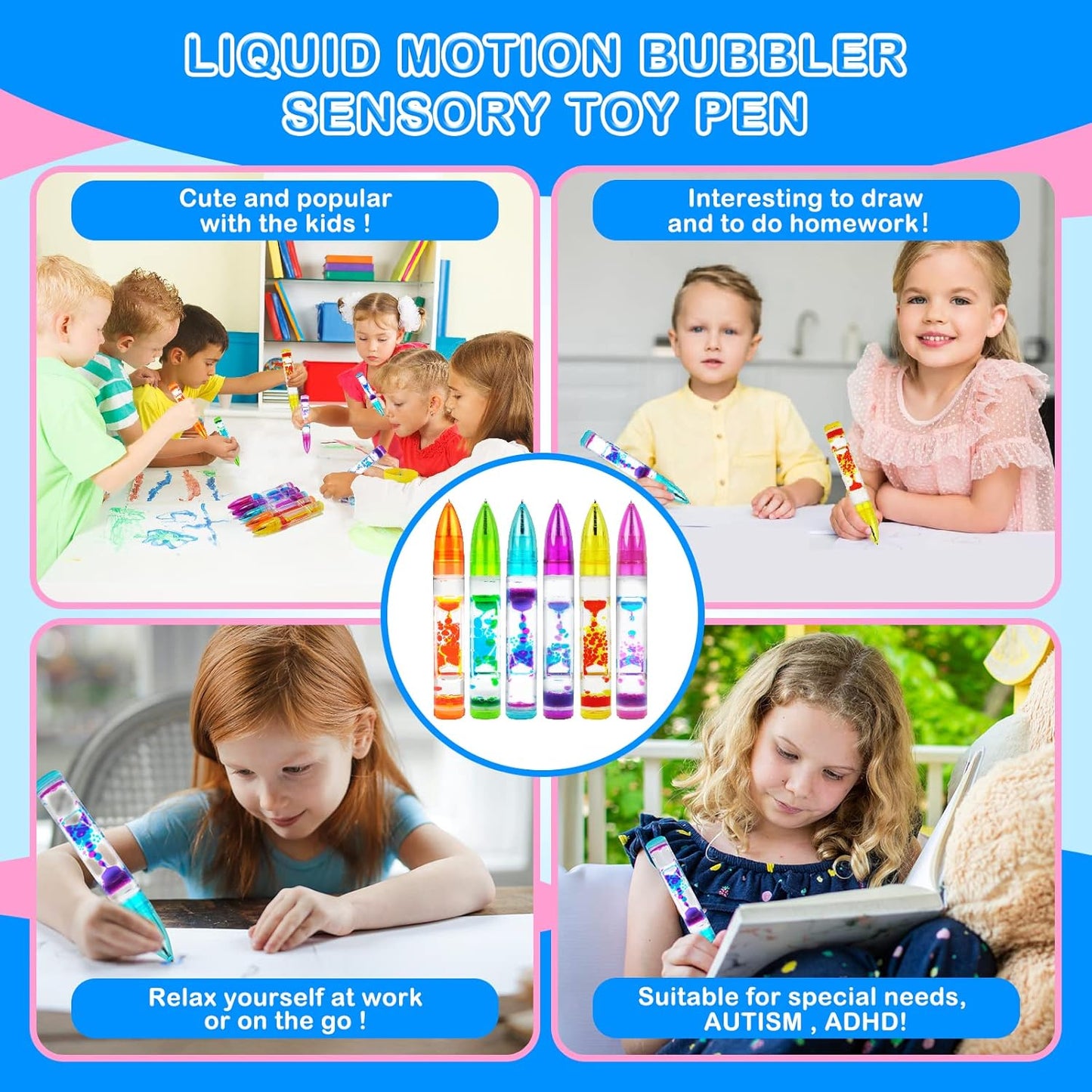 Liquid Motion Bubbler Sensory Toy Pen, Colorful Liquid Timer Pens Great for Stress and Anxiety Relief,Sand Timer for Kids and Adults(6 Pack)