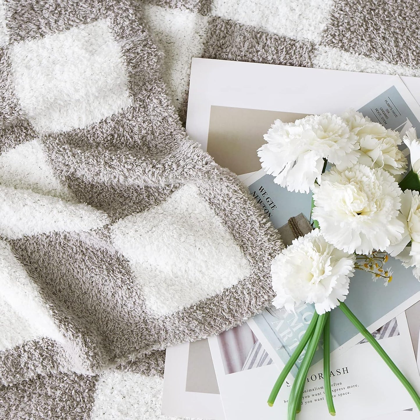 WRENSONGE Checkered Throw Blanket, Light Grey Soft Cozy Fluffy Warm Hand Made Throw Blankets for Couch, Sofa, Chair, Bed, Camping, Picnic, Travel Lightweight Bed Blanket - 50"*70"