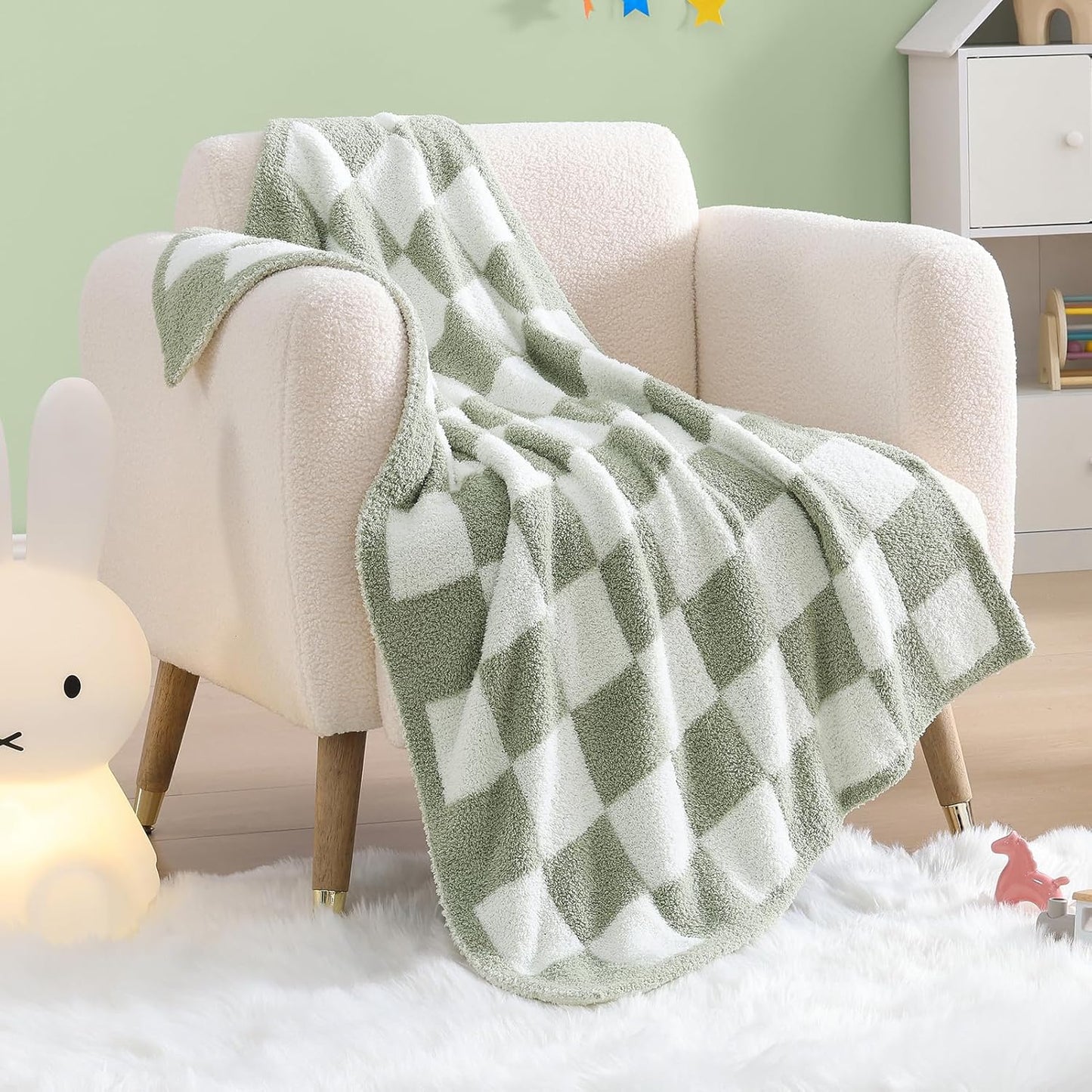 WRENSONGE Checkered Throw Blanket, Sage GreenSoft Cozy Fluffy Warm Hand Made Throw Blankets for Couch, Sofa, Chair, Bed, Camping, Picnic, Travel Lightweight Bed Blanket - 30"*40"