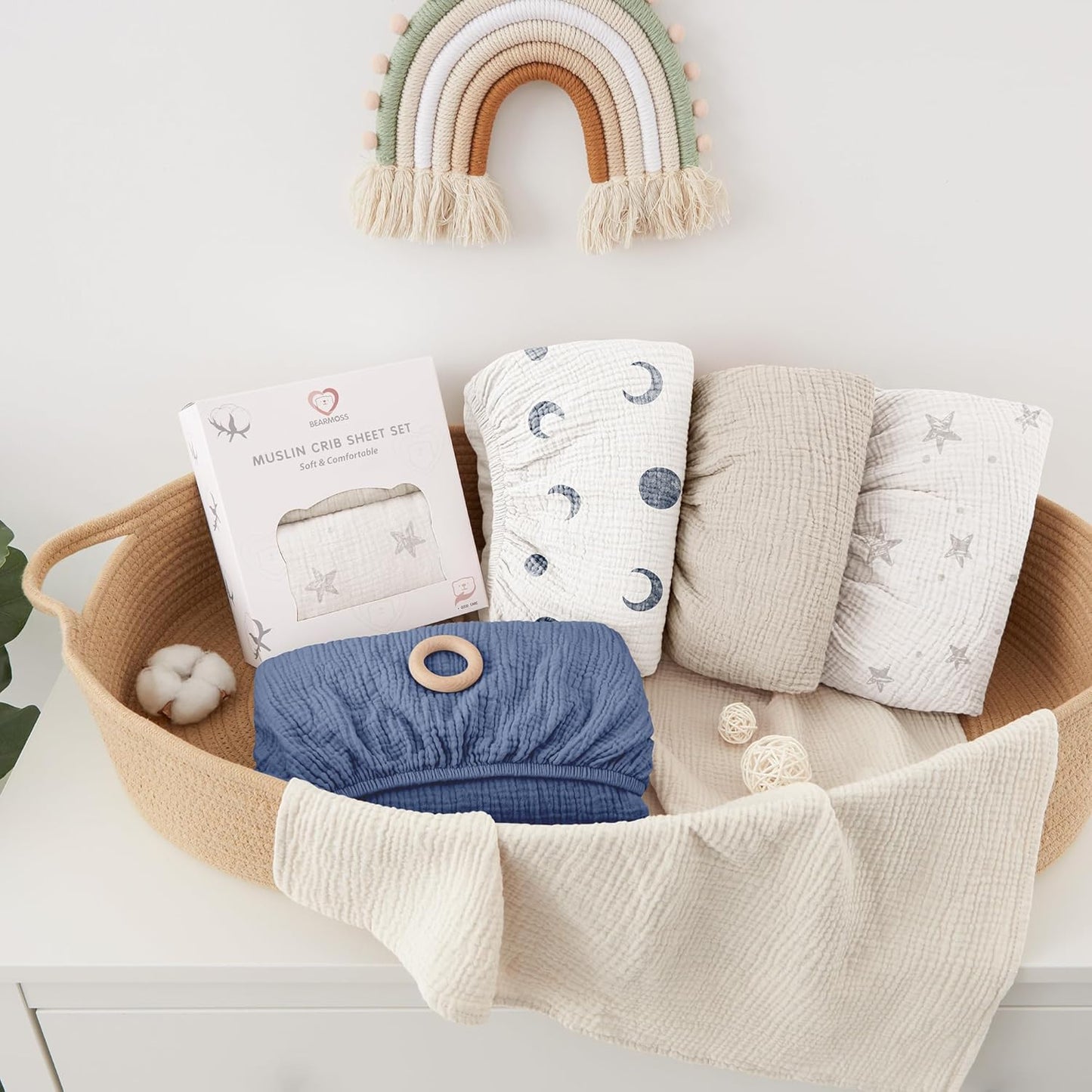 Bearmoss Muslin Crib Sheets - 100% Cotton Baby Crib Sheets Fitted for Standard Crib Mattress & Toddler Bed Mattress 52"x28" Soft Breathable Crib Sheet Neutral for Boys Girls - 2 Pack (White Star)