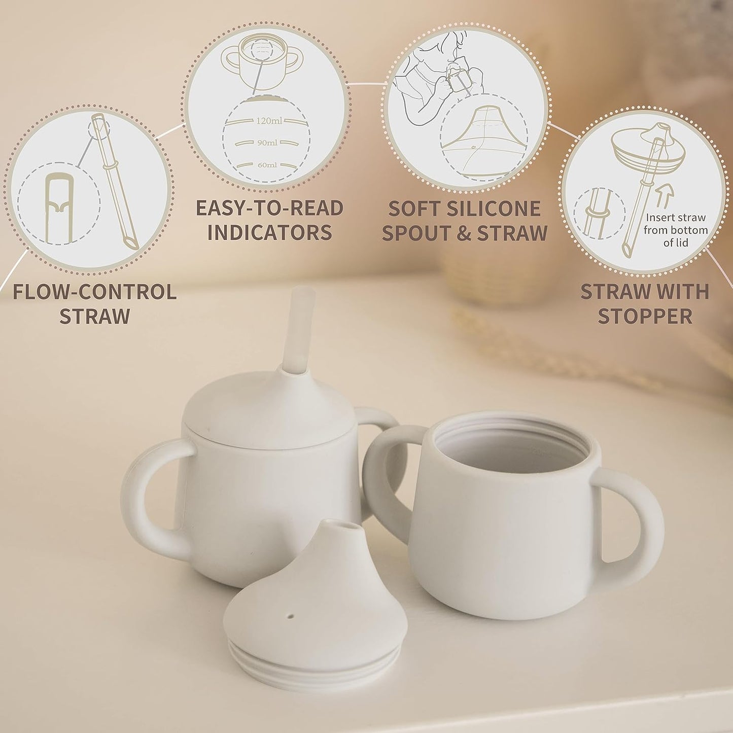 Moonkie Silicone Baby Sippy Cups | 3 Stages Training Cup Straw Cup for Infants Toddlers and Kid | 4 oz 2Pack