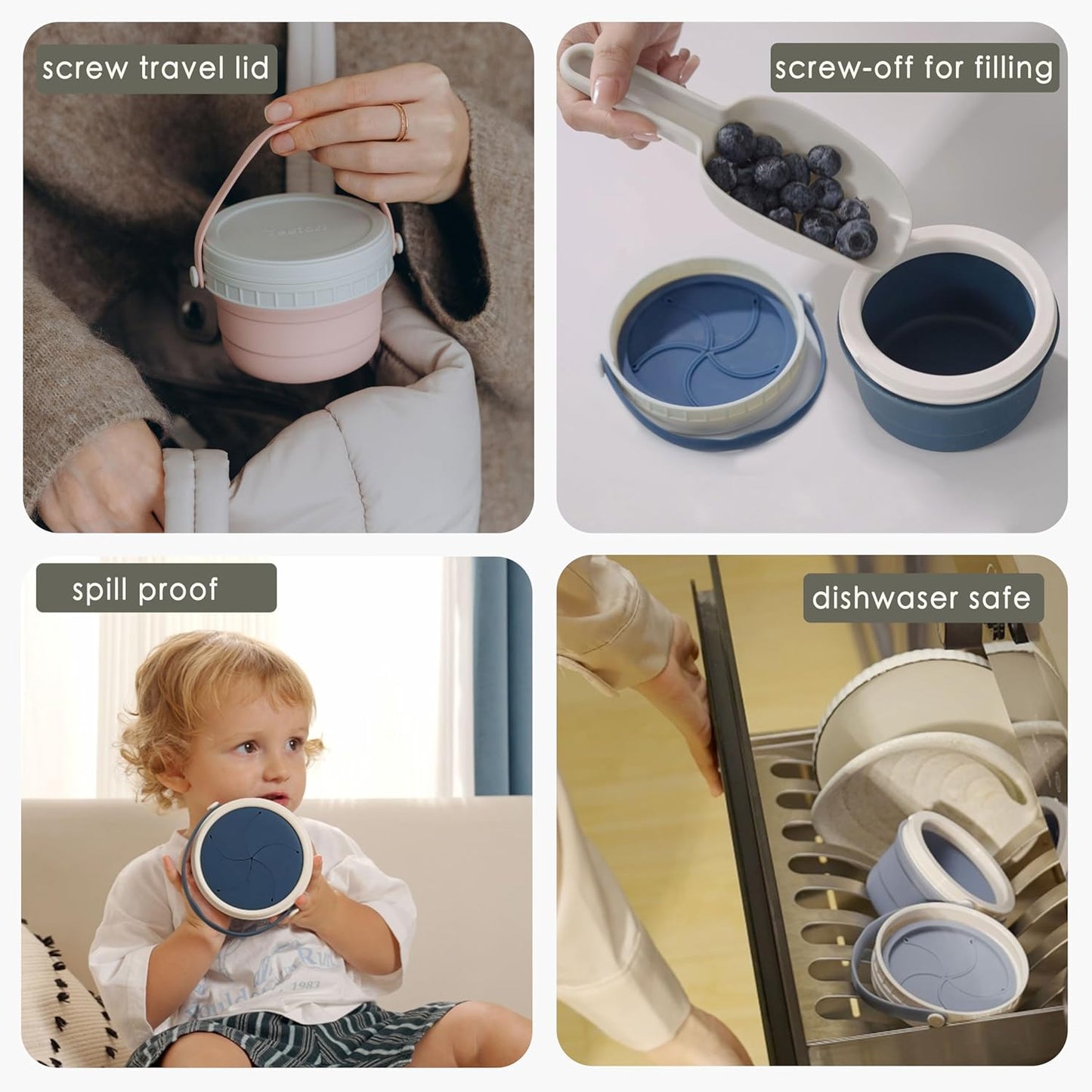 No Spill Silicone Toddler Snack Containers, Detachable Silicone Flap for Filling&Cleaning, Crumb-Free Hard Plastic Screw Travel Lid, Ultra-Soft for Baby Kids Hand In-Out, Snack Cup Holder 12 oz