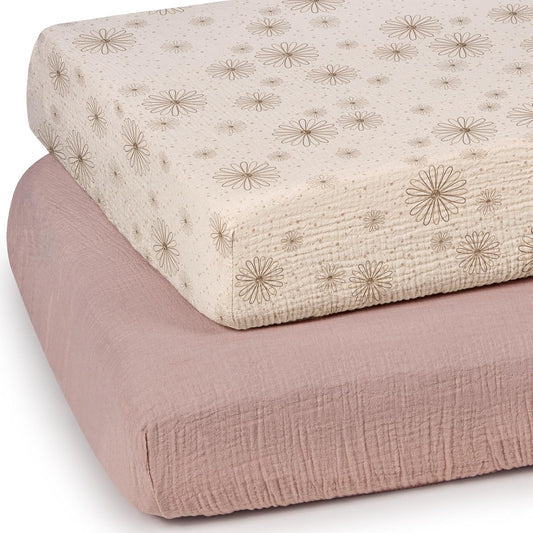 lulumoon Mini Crib Sheets Muslin: Soft Cotton Fitted Mini Crib Mattress Sheets for Boys and Girls 2Pack