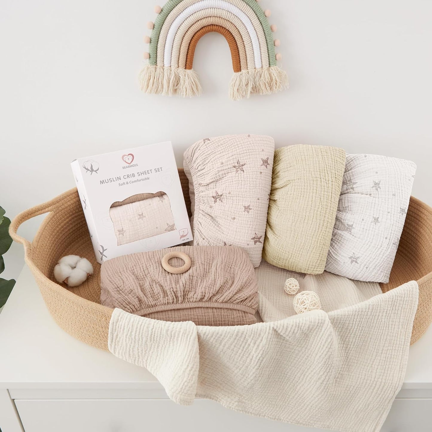 Bearmoss Muslin Mini Crib Sheets for Pack N Play Mattress - 100% Cotton - 38"x24" Soft Breathable Playard Baby Crib Sheets Neutral for Boys Girls - 2 Pack (Pink Star)