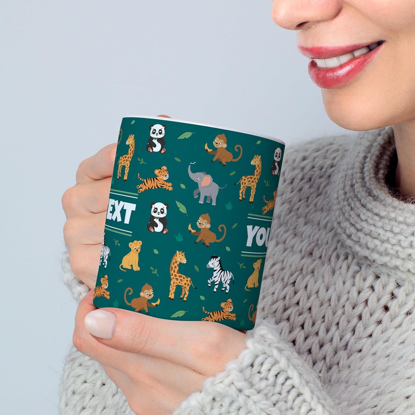 Personalized Mug for Kids - Zoo Animals - Custom Name/Text, Ceramic Hot Chocolate/Cocoa/Coffee Cup for Boys/Girls, Birthday/Christmas/Holiday Gift - 11 oz, Pink Handle