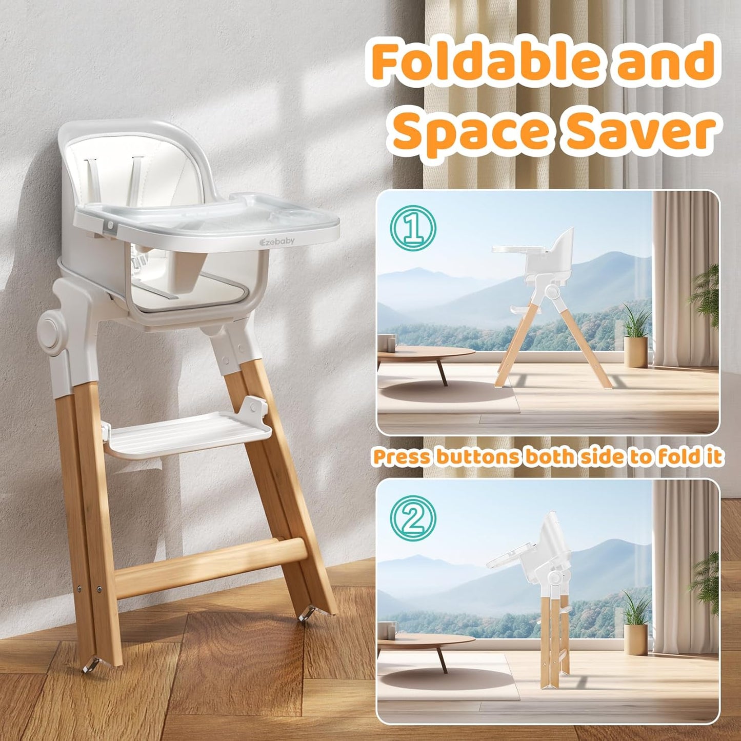 Ezebaby Folding Wooden High Chairs, 3-in-1 Convertible Baby High Chair, Dining Booster Seat, Toddler Chair, Easy Clean High Chairs for Babies and Toddlers with Large Adjustable Tray- Solid White