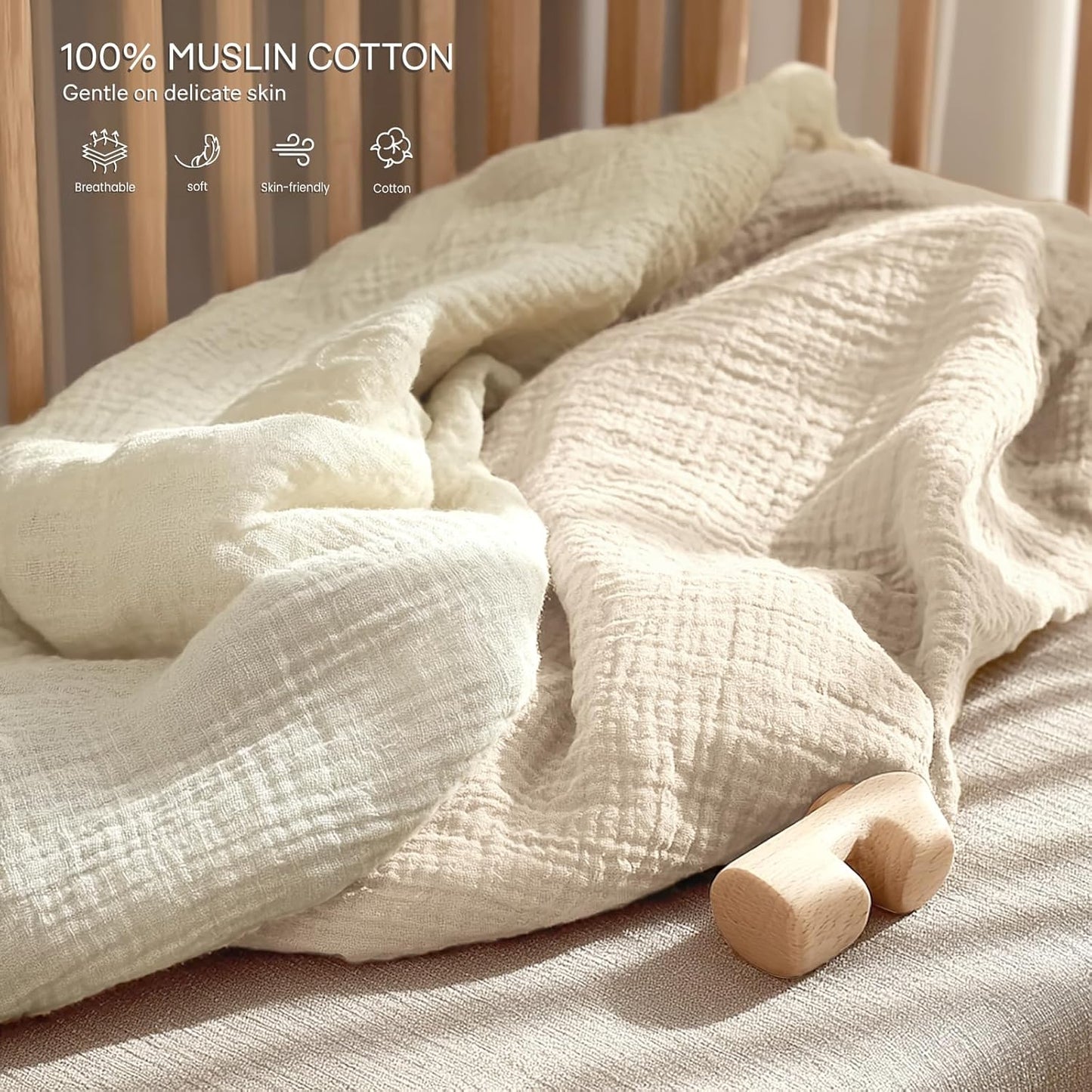 lulumoon Baby Muslin Crib Sheets - Toddler Cotton Fitted Crib Sheets Neutral for Boys and Girls 2Pack (White & Cream, for Baby Trend Pack N Play)