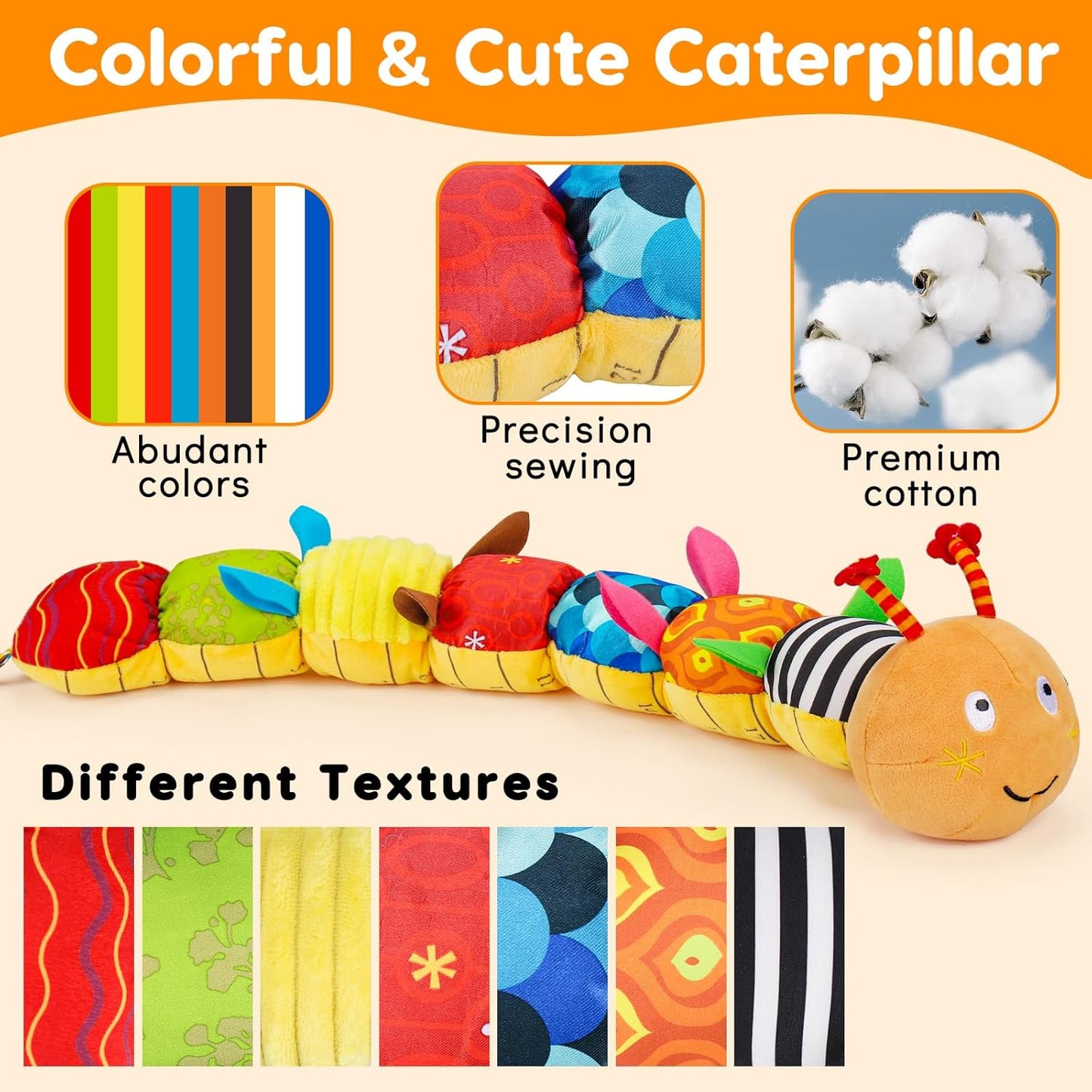 Baby Sensory Caterpillar Toys 0-3 Month Music Animal Stuffed Plush Toy for Infant 0-3-6-12 Month Tummy Time with Crinkle Rattle for Newborn 9-12 Month Texture Toy for Boy Girl Birthday Shower 1