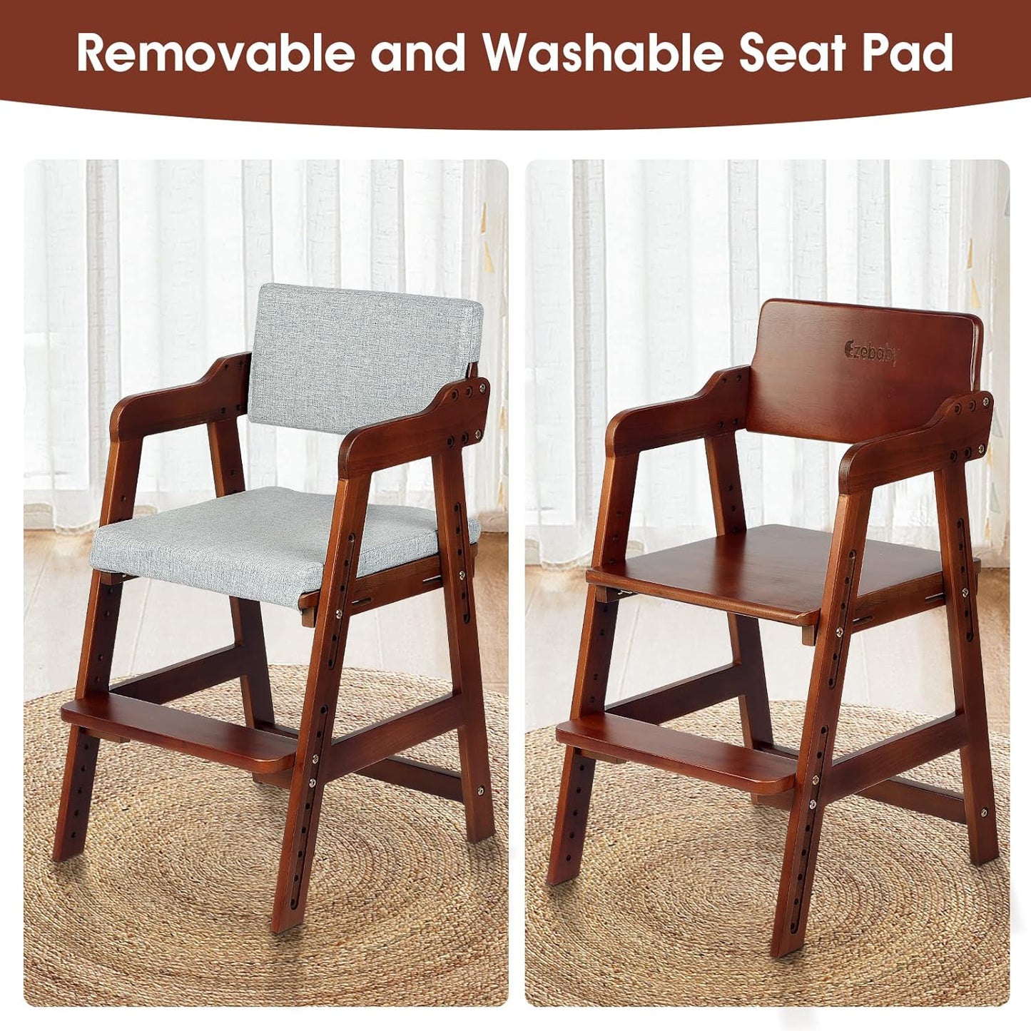 Ezebaby Wooden High Chair for Toddlers to Teens, Adjustable Kids Study & Dining Chair with Steps and Removable Cushion (Nut-Brown)