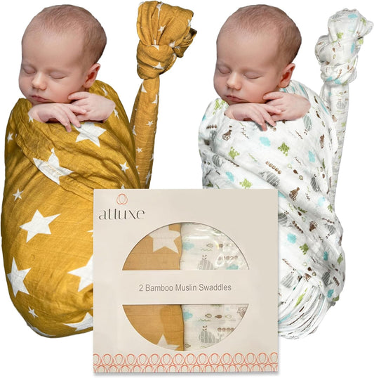 Premium Baby Swaddle Blanket - 2 Pack Muslin Swaddle Blankets Neutral, Softness Upgrade, Breathable 47''x47'' Nursery Wrap for Boys & Girls - Unisex, 70% Viscose from Bamboo, 30% Cotton (Tan)