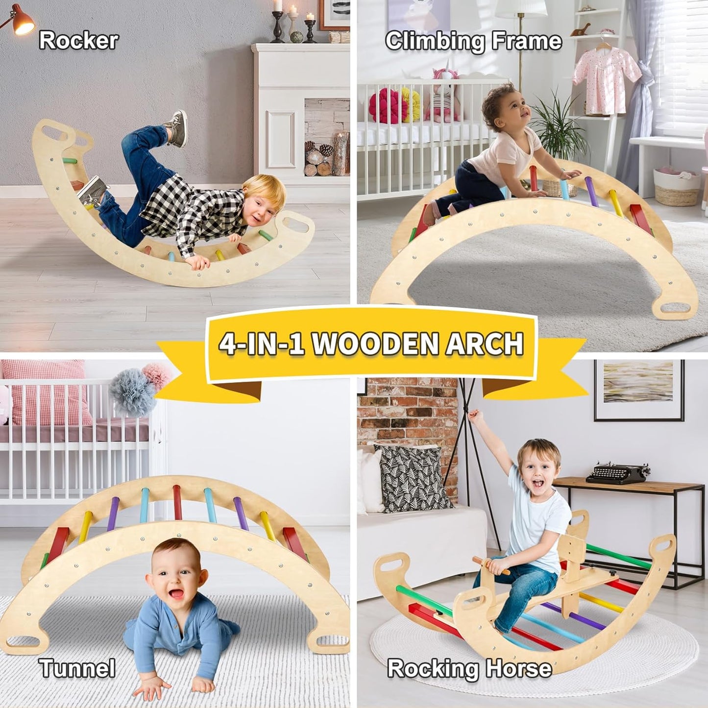 9-in-1 Climbing Triangle Set with Detachable Wooden Climbing Arch for Rocking Horse and Climbing, Indoor Triangle Jungle Playground Gym for Toddlers
