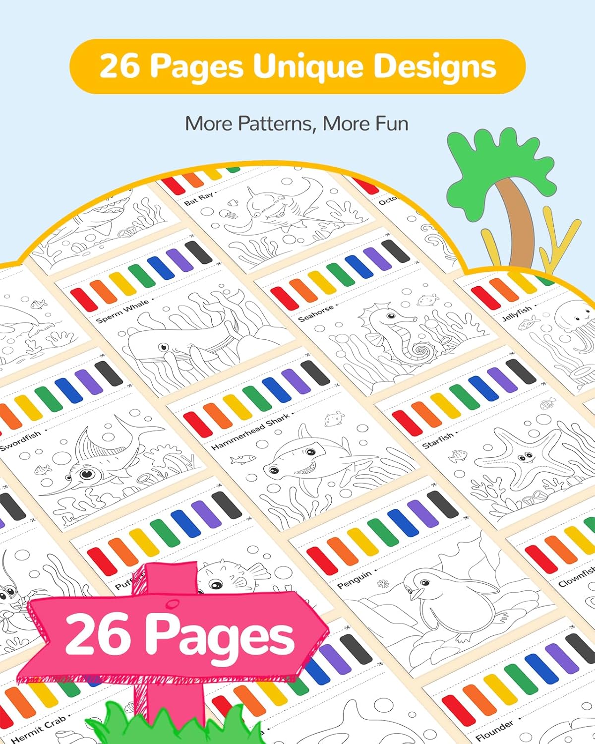 TECJOE Paint with Water Coloring Books for Toddlers, Marine Animal Series Watercolor Set with 3 Brushes, Mess Free Painting Activity for Kids Ages 4 5 6 7 8, Christmas Gifts Arts & Crafts Toy