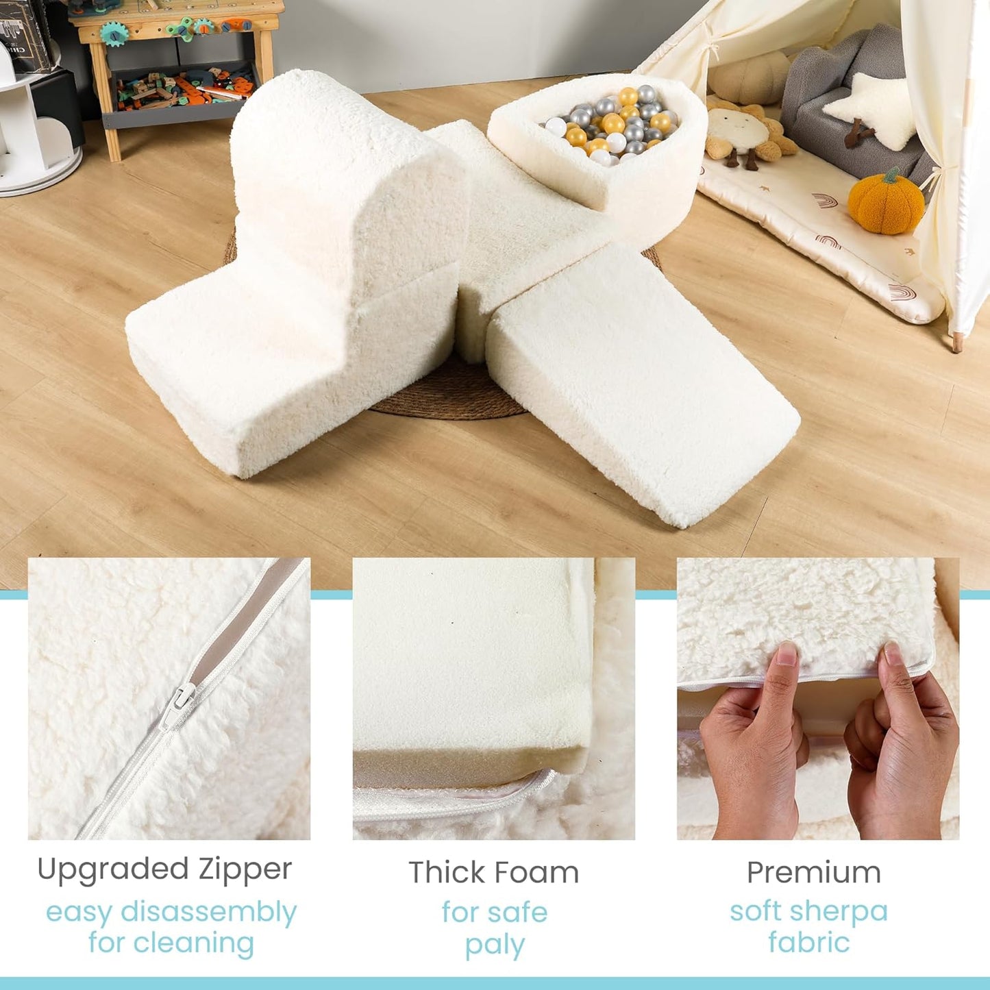 Foam Climbing Blocks - Climbing Toys for Toddlers 1-3 Inside - Soft Play Set for Babies - Indoor Activity Soft Playset for Baby 6-12 Months - Sherpa Fabric - 5 PCS - Balls NOT Included