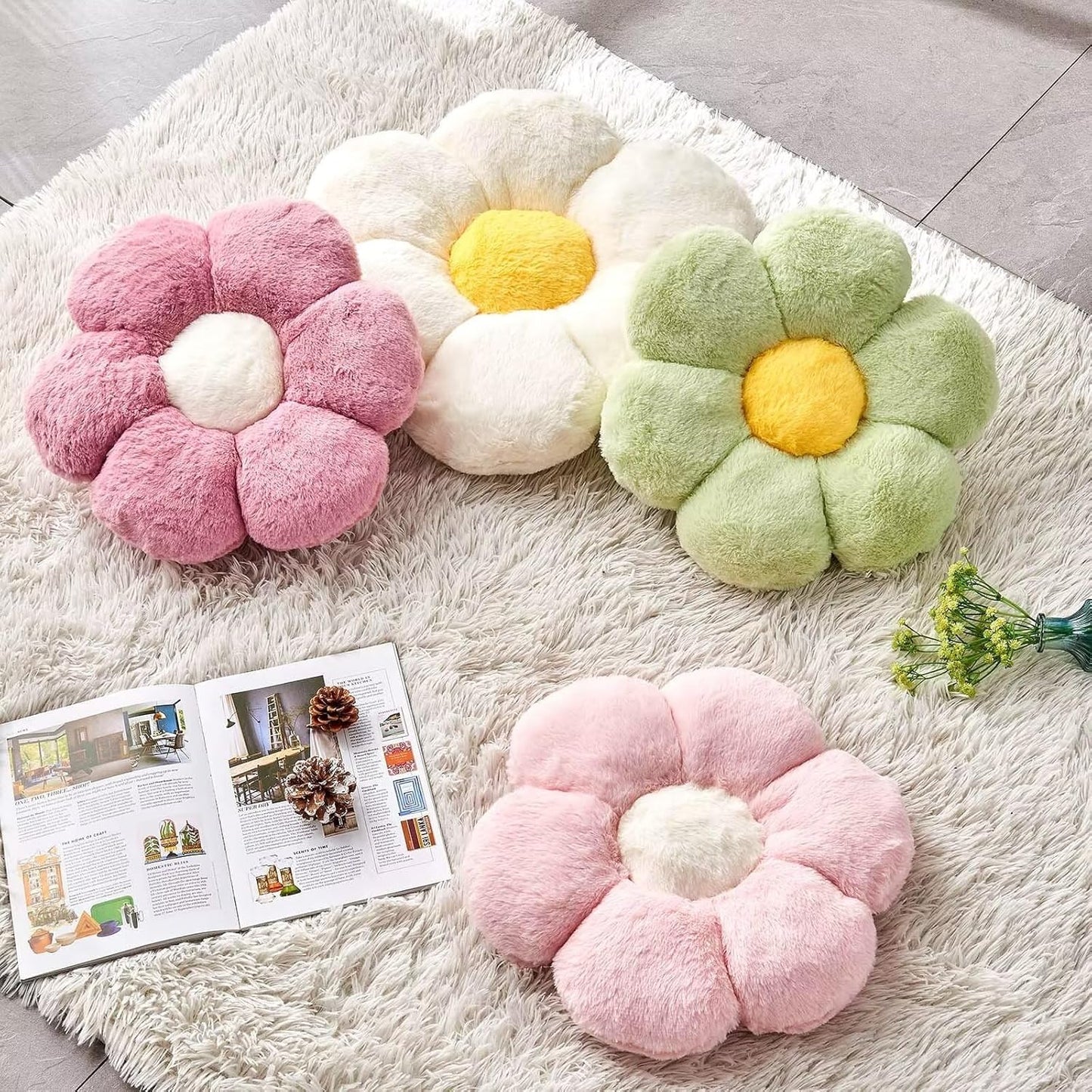 Dusty Rose Flower Pillow, Cute Decorative Flower Shaped Throw Pillow with Faux Rabbit Fur, 19.6" Soft Flower Plush Throw Pillow Floor Pillows Room Décor for Bedroom Living Room