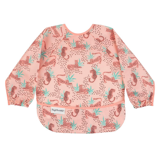 Tiny Twinkle Mess Proof Baby Bib,Waterproof Smock Baby Bib for Eating,Machine Washable Long Sleeve Bib,Baby Led Weaning,Toddler Bib (Leopard, Small 6-24 Months)