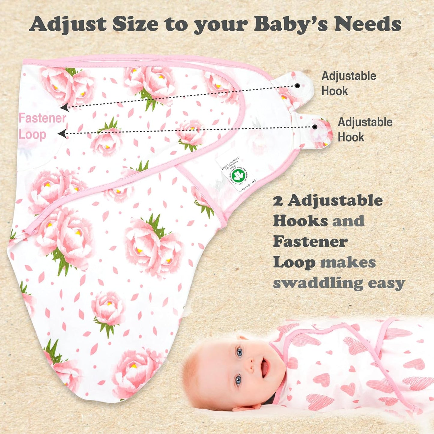 Bublo Baby Organic Preemie Swaddles 4-7 lbs - 3-Pack Premature Babies Swaddle Sleep Sack - Premature Infant Sleeping Sack - Easy Adjustable Baby Swaddle Blanket Wrap (Hearts-Flowers)