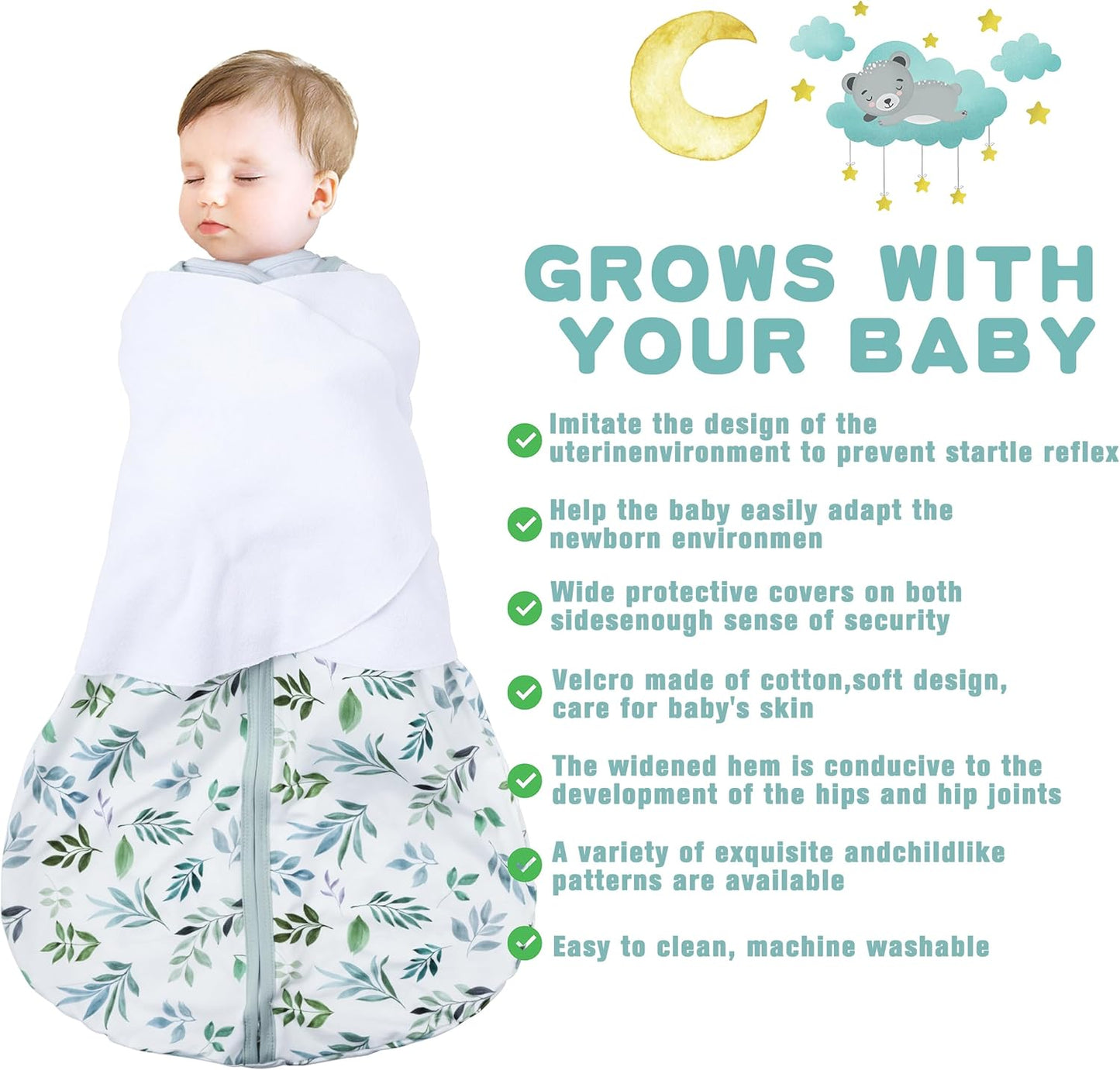 Newborn Sleep Sack Baby Swaddle,0-3 Months,3-Way Adjustable Wearable Blanket,100% Rayon Cotton Swaddling Sleeping Bag，TOG 0.5（Banana&Leaf）